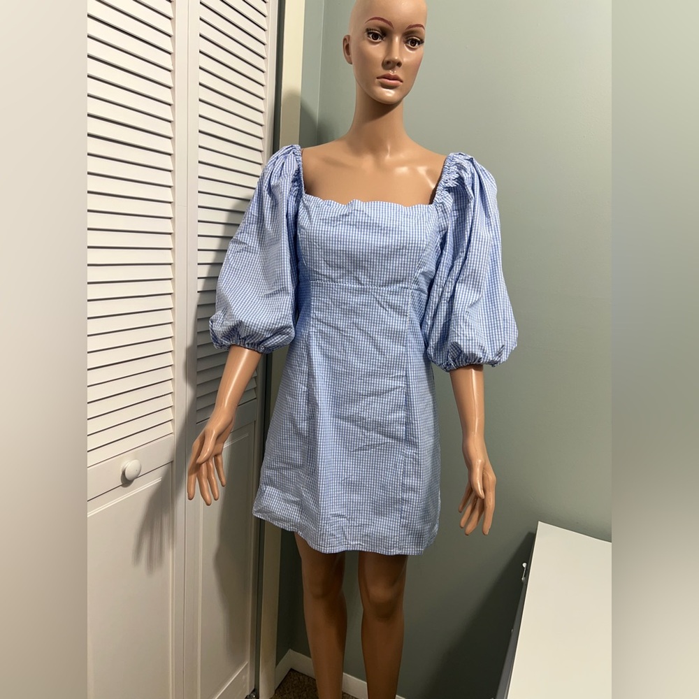 Forever 21 Gingham Balloon-Sleeve Mini Dress Blue White Size large